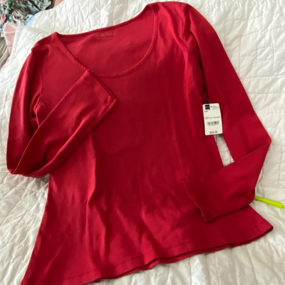 NWT St Johns Bay Red Pullover with bling trim-sz Lg